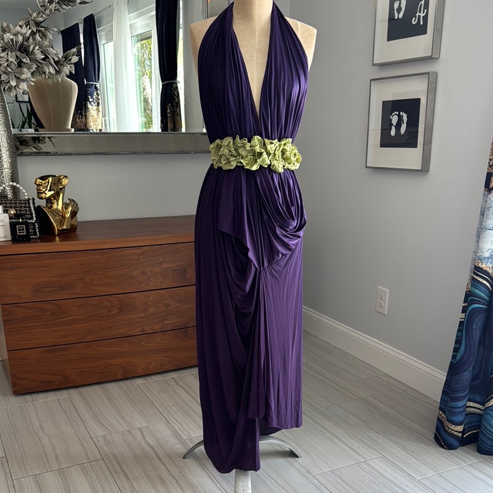 Elegant Purple Halter Dress with Green Accent